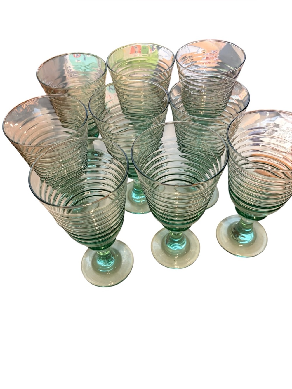 Set of 9 Libbey Sirius Ribbed Spanish green Glass Goblets